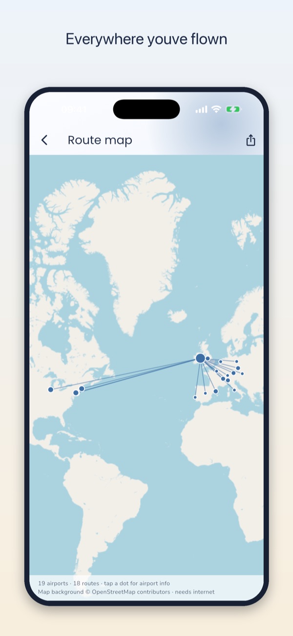 Everywhere you have flown: the route map of every sector in the logbook.